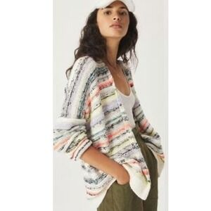 Maeve by Anthropologie Size Small Cardigan White Stripe Textured Knit Open Front
